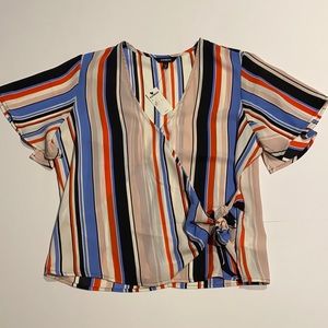 Express Medium Short Sleeve Wrap Top Stripe Blouse New D21